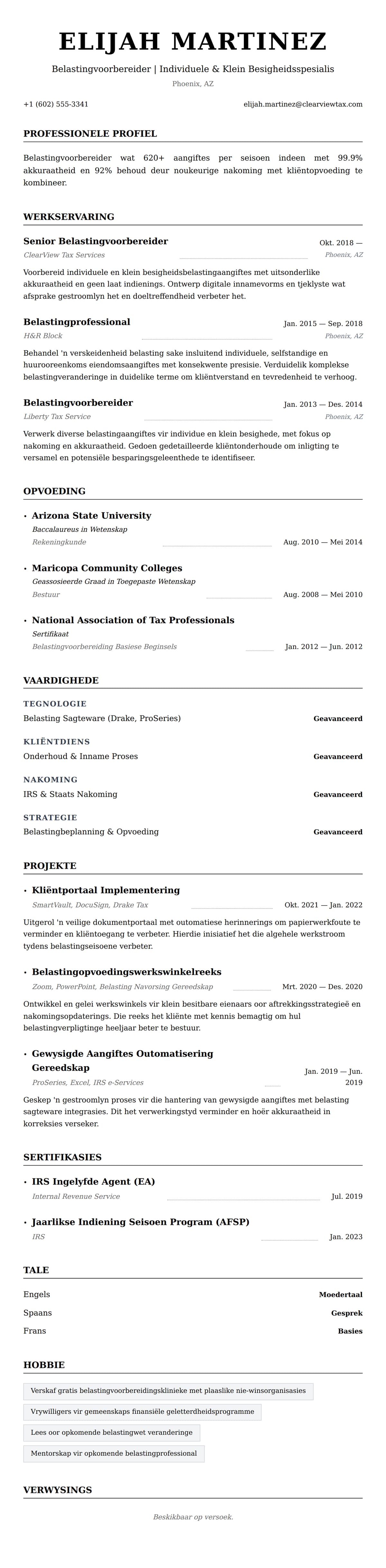 Leweensbeskrywing-vooruitskouk vir Belastingvoorbereider Lewensloop Voorbeeld