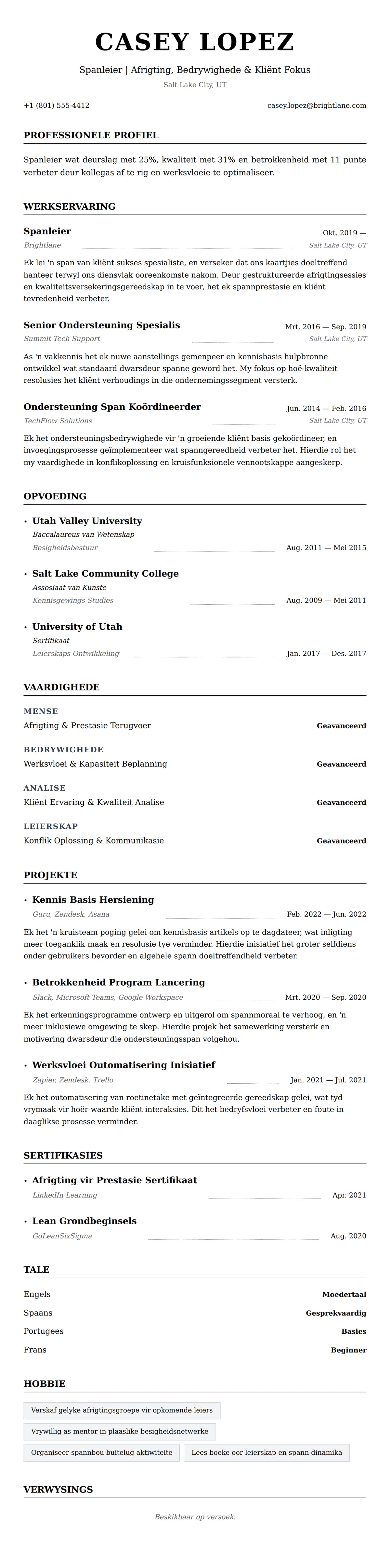Leweensbeskrywing-vooruitskouk vir Spanleier Leweenskrif Voorbeeld