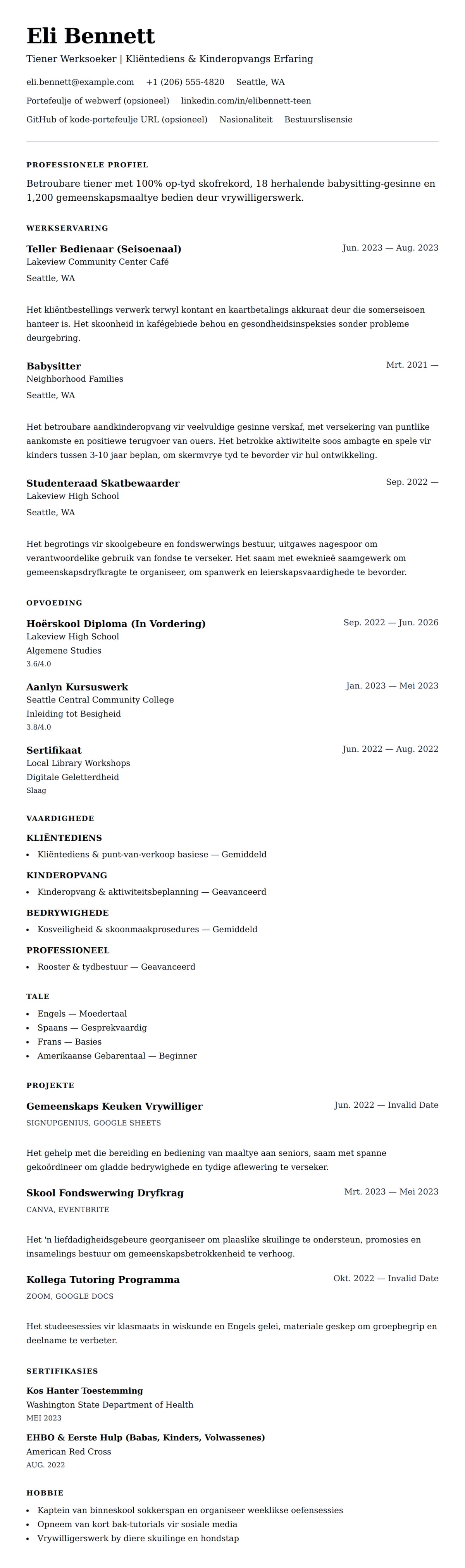 Leweensbeskrywing-vooruitskouk vir Tiener Werksoeker CV Voorbeeld