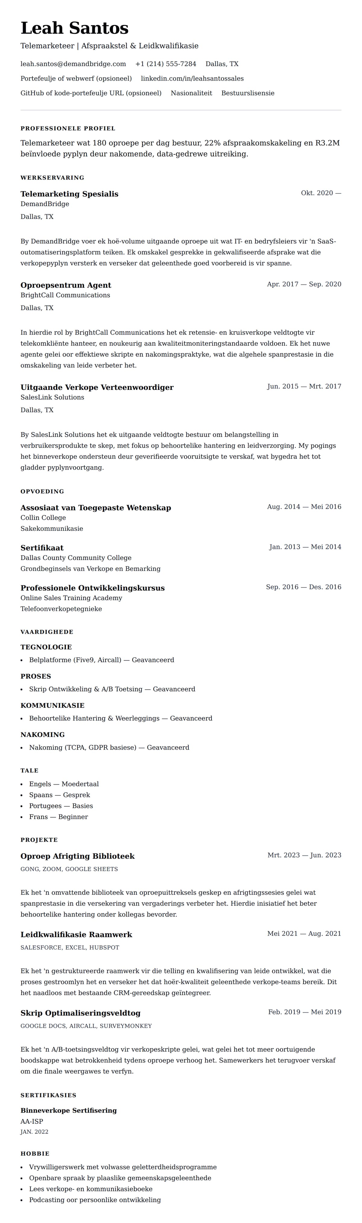 Leweensbeskrywing-vooruitskouk vir Telemarketeer Lewensloop Voorbeeld