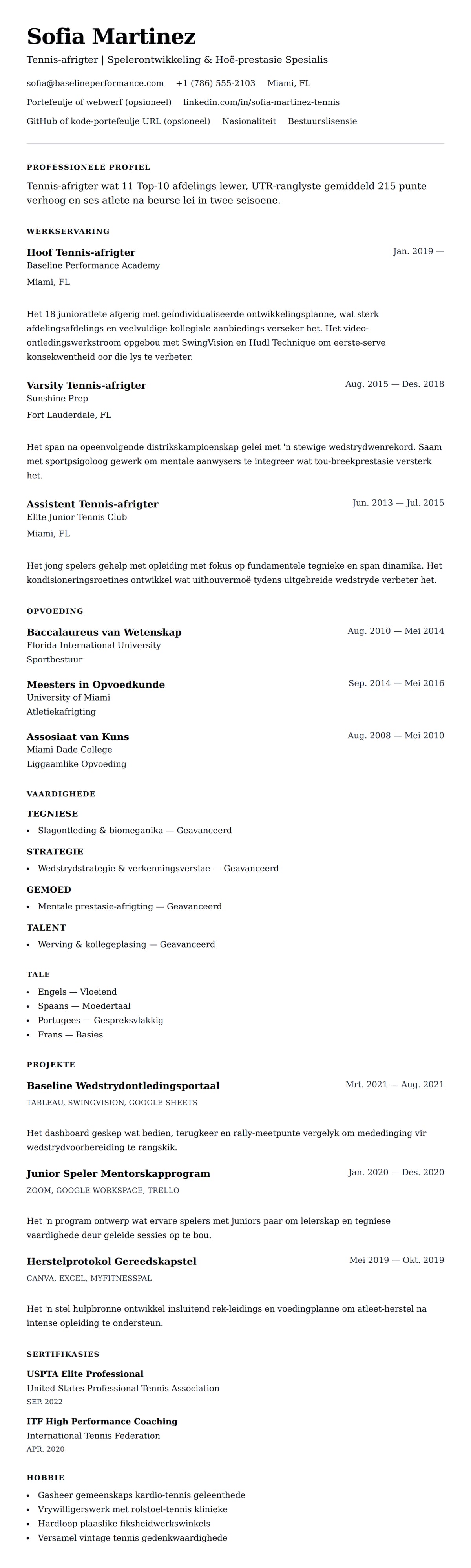 Leweensbeskrywing-vooruitskouk vir Tennis-afrigter CV-voorbeeld