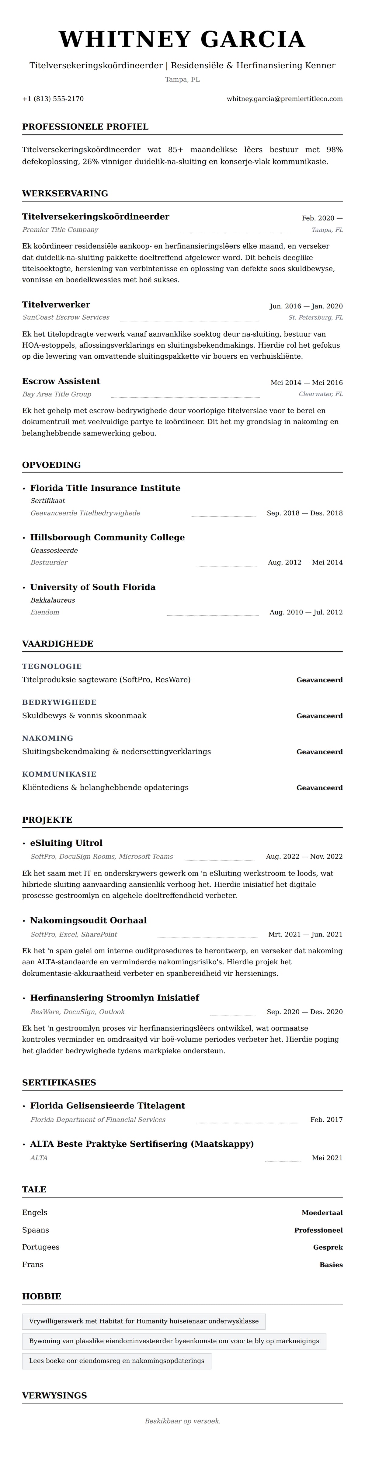 Leweensbeskrywing-vooruitskouk vir Titelversekeringskoördineerder Leweverloop Voorbeeld