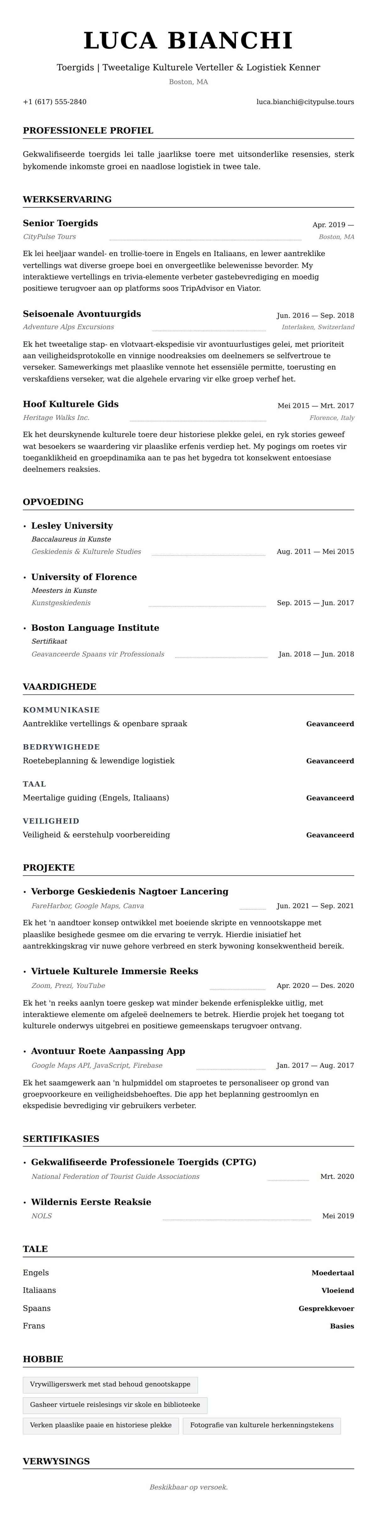 Leweensbeskrywing-vooruitskouk vir Toergids Lewensloop Voorbeeld