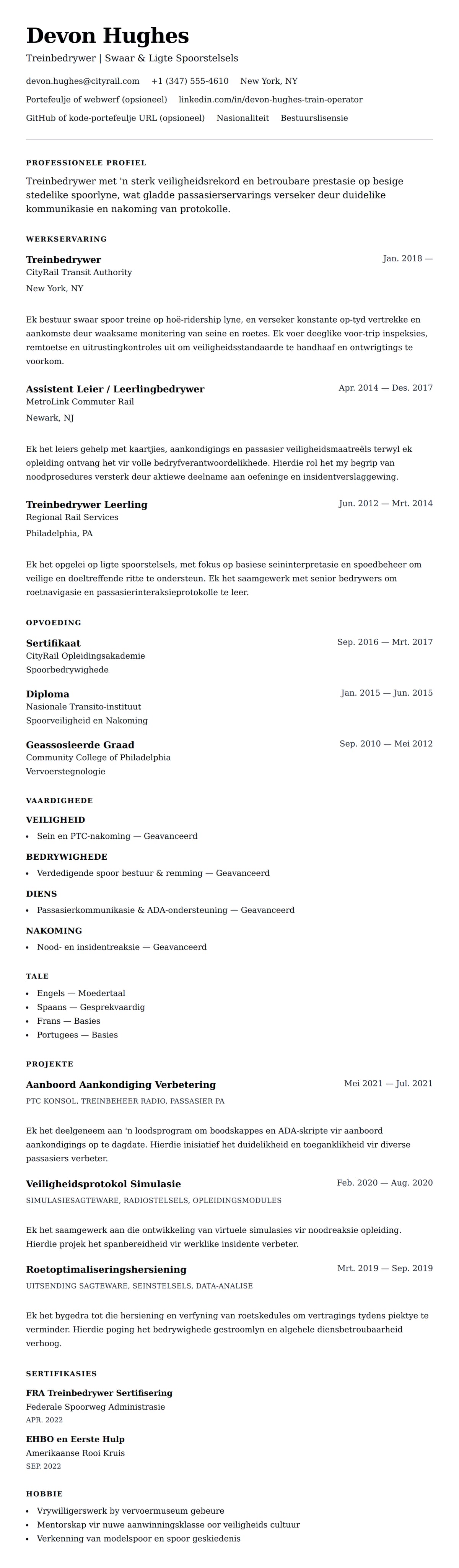 Leweensbeskrywing-vooruitskouk vir Treinbedrywer Leefweergawe Voorbeeld