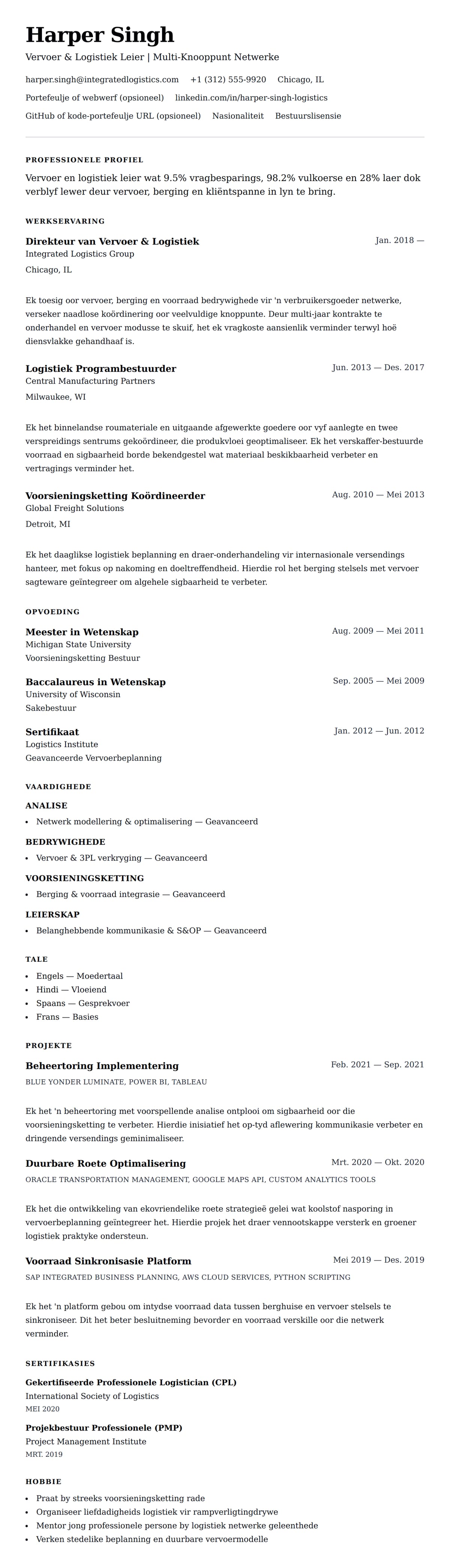 Leweensbeskrywing-vooruitskouk vir Vervoer en Logistiek Professional Lewensloop Voorbeeld