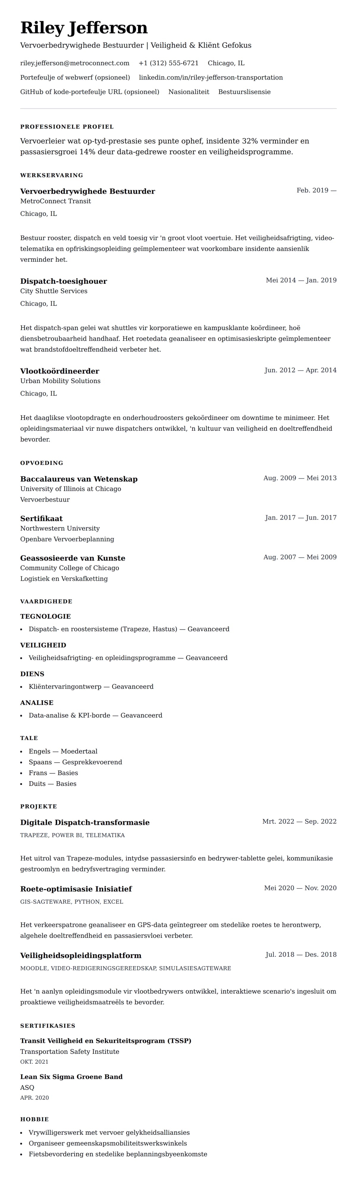 Leweensbeskrywing-vooruitskouk vir Vervoerprofessional Lewensloop Voorbeeld