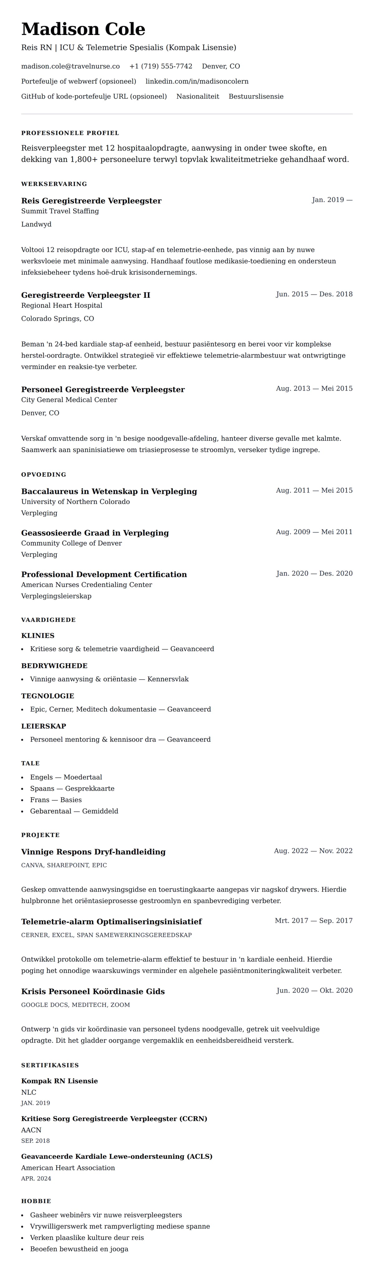 Leweensbeskrywing-vooruitskouk vir Voorbeeld van Reisverpleegster se CV