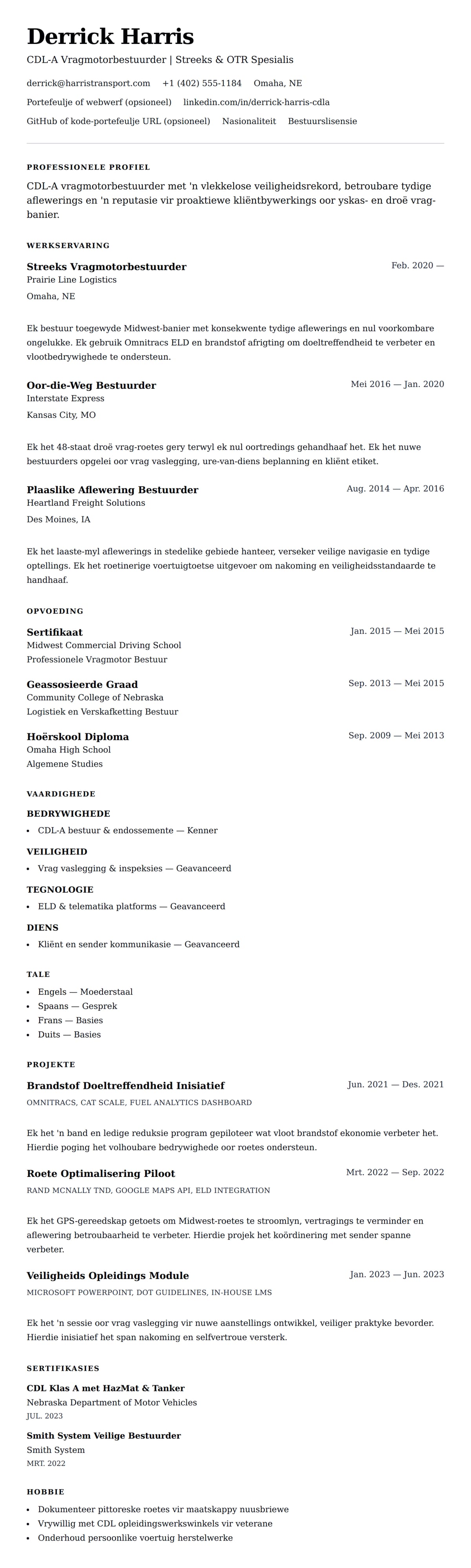 Leweensbeskrywing-vooruitskouk vir Vragmotorbestuurder Leefloopbaan Voorbeeld