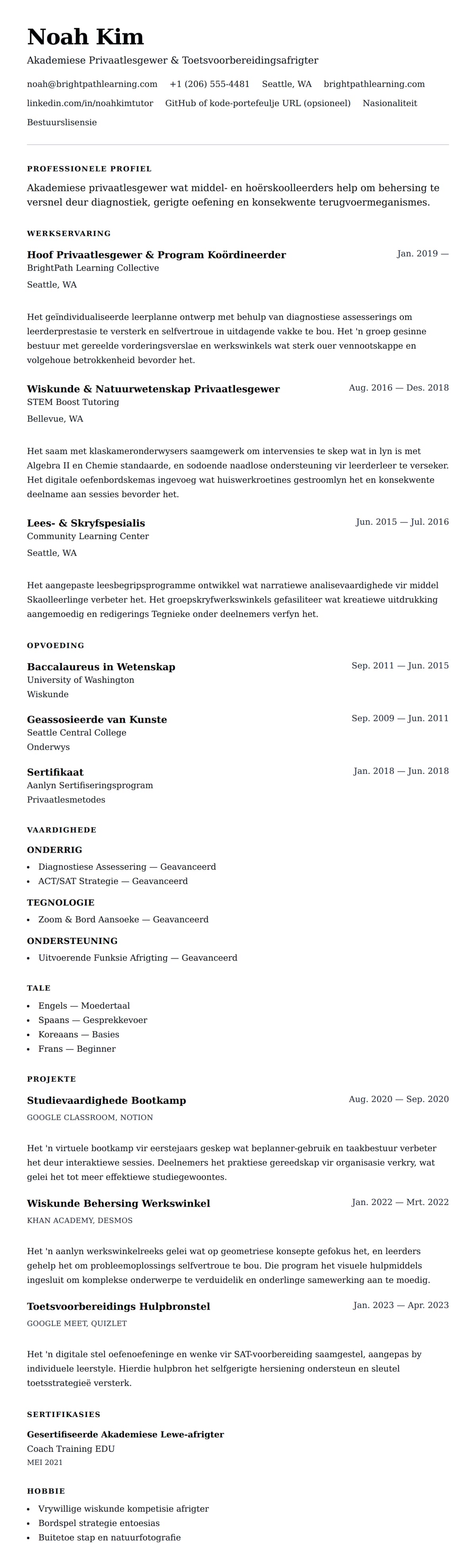 Leweensbeskrywing-vooruitskouk vir Voorbeeld van Privaatlesgewer se CV