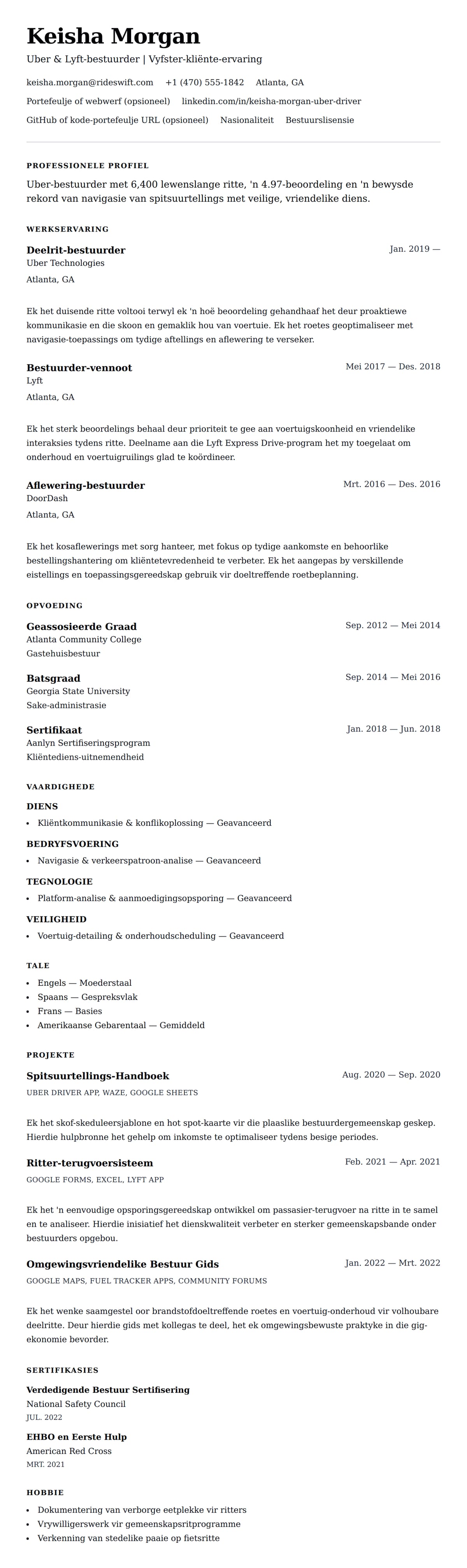 Leweensbeskrywing-vooruitskouk vir Uber-bestuurder Leweensbeskrywing Voorbeeld