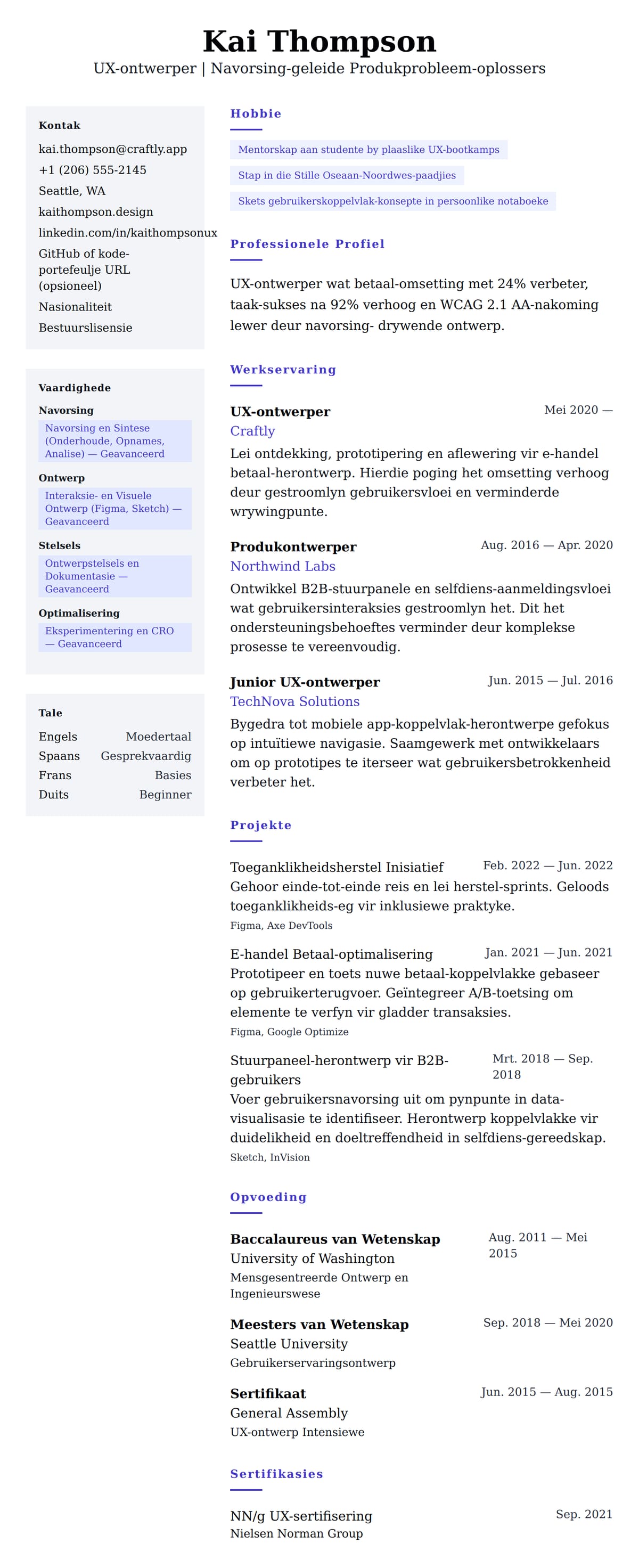 Leweensbeskrywing-vooruitskouk vir UX-ontwerper CV-voorbeeld