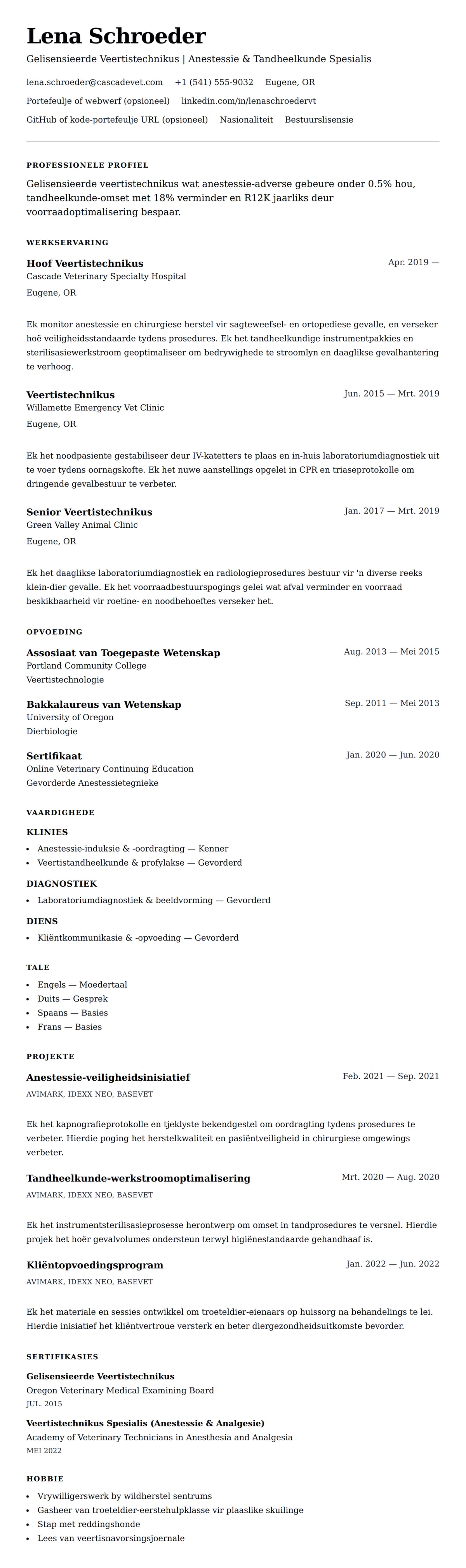 Leweensbeskrywing-vooruitskouk vir Veertistechnikus Lewensloop Voorbeeld