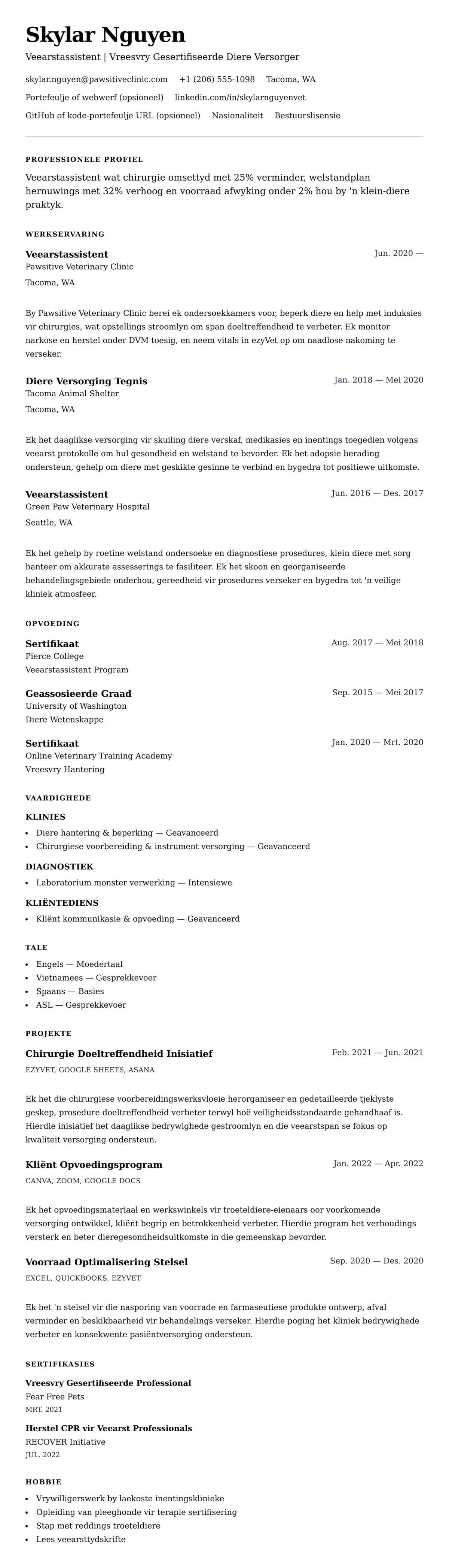 Leweensbeskrywing-vooruitskouk vir Veearstassistent Lewensloop Voorbeeld