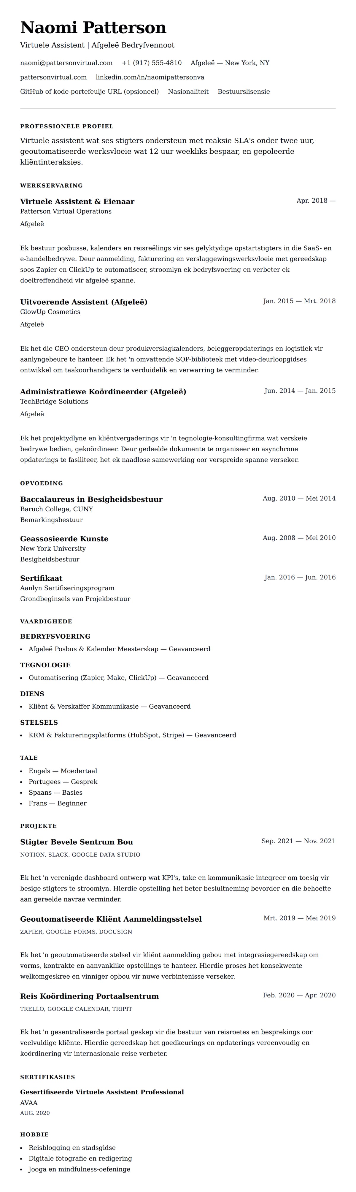 Leweensbeskrywing-vooruitskouk vir Virtuele Assistent Leefkrag Voorbeeld