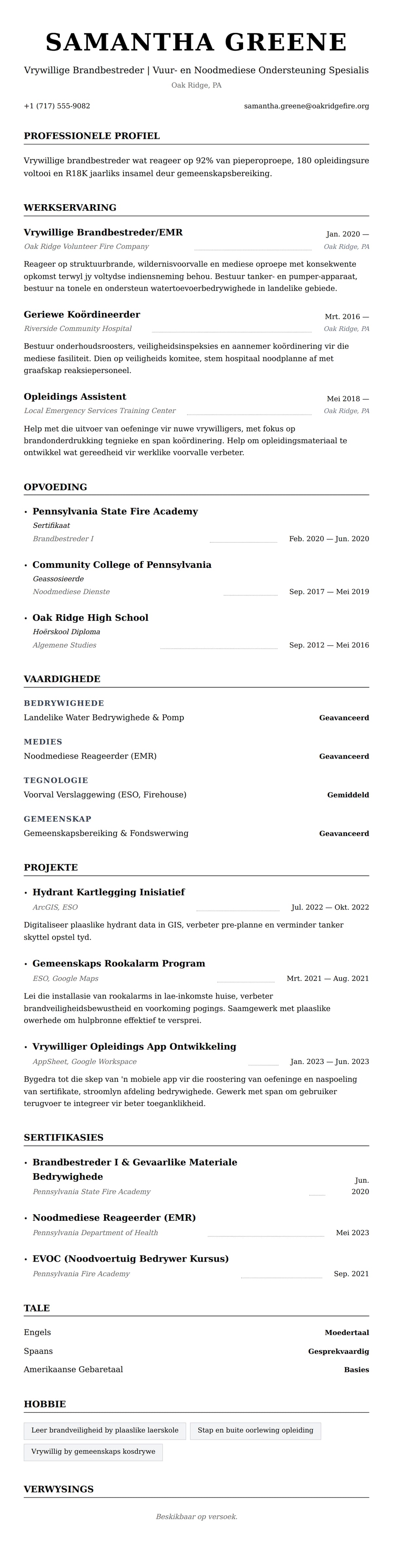 Leweensbeskrywing-vooruitskouk vir Vrywillige Brandbestreder Lewensloop Voorbeeld