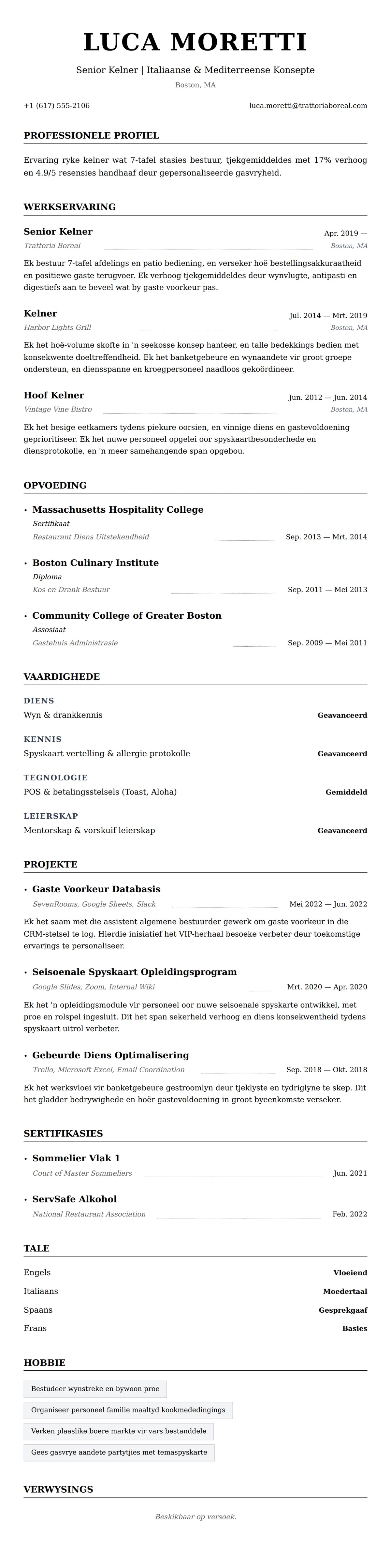 Leweensbeskrywing-vooruitskouk vir Kelner Lewensloop Voorbeeld