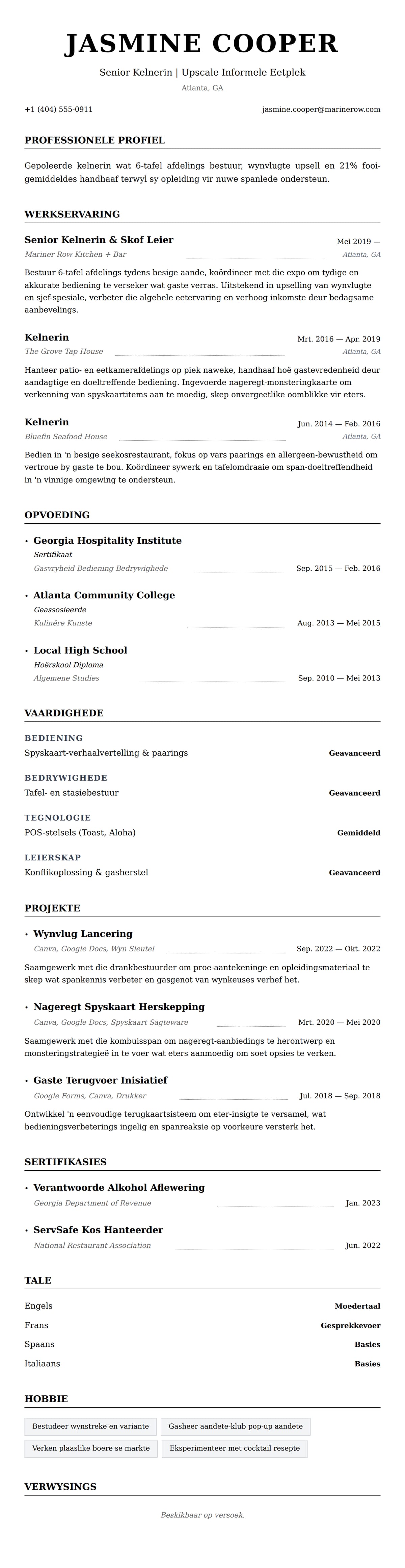 Leweensbeskrywing-vooruitskouk vir Kelnerin Lewensloop Voorbeeld