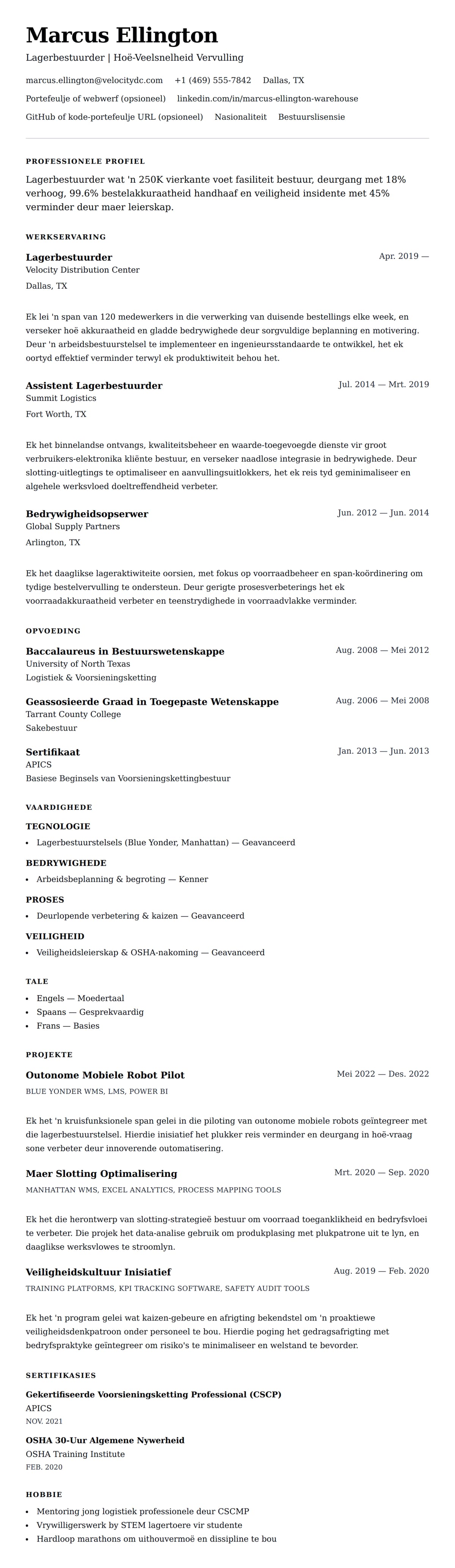 Leweensbeskrywing-vooruitskouk vir Lagerbestuurder Lewensloop Voorbeeld