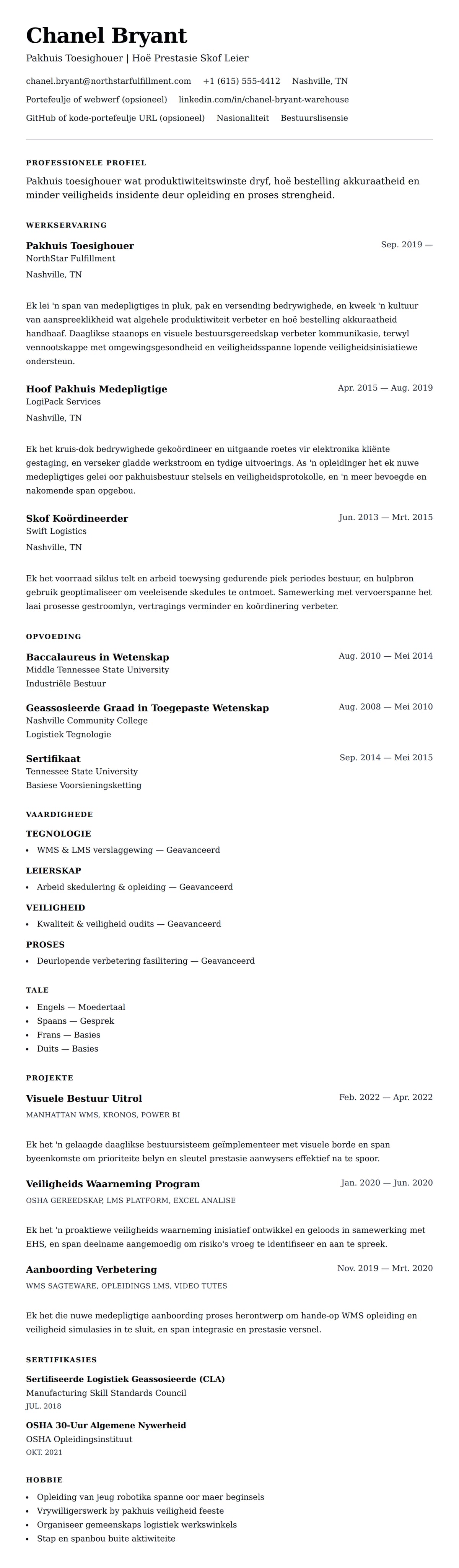 Leweensbeskrywing-vooruitskouk vir Pakhuis Toesighouer Lewensloop Voorbeeld