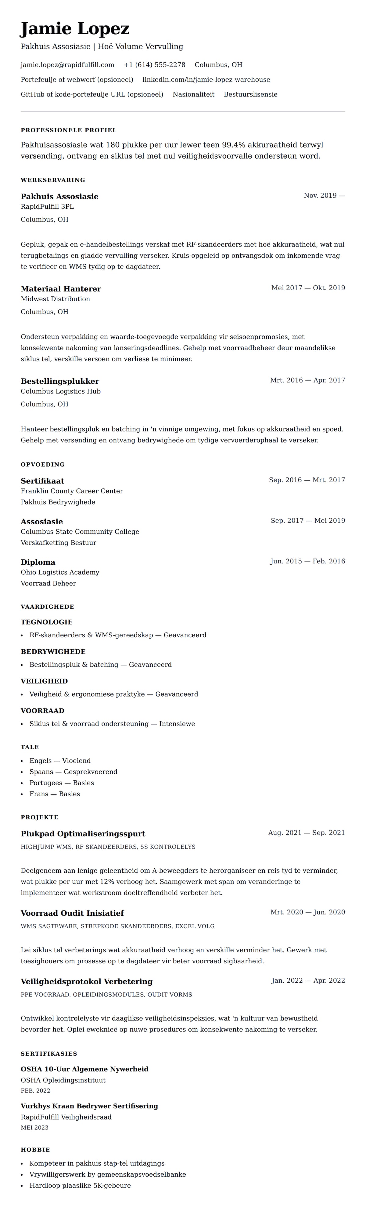 Leweensbeskrywing-vooruitskouk vir Pakhuiswerker CV Voorbeeld