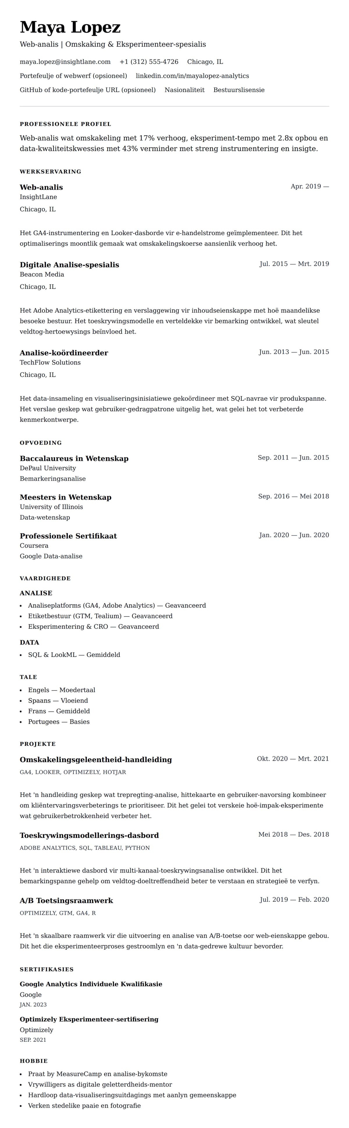 Leweensbeskrywing-vooruitskouk vir Web-analis CV-voorbeeld