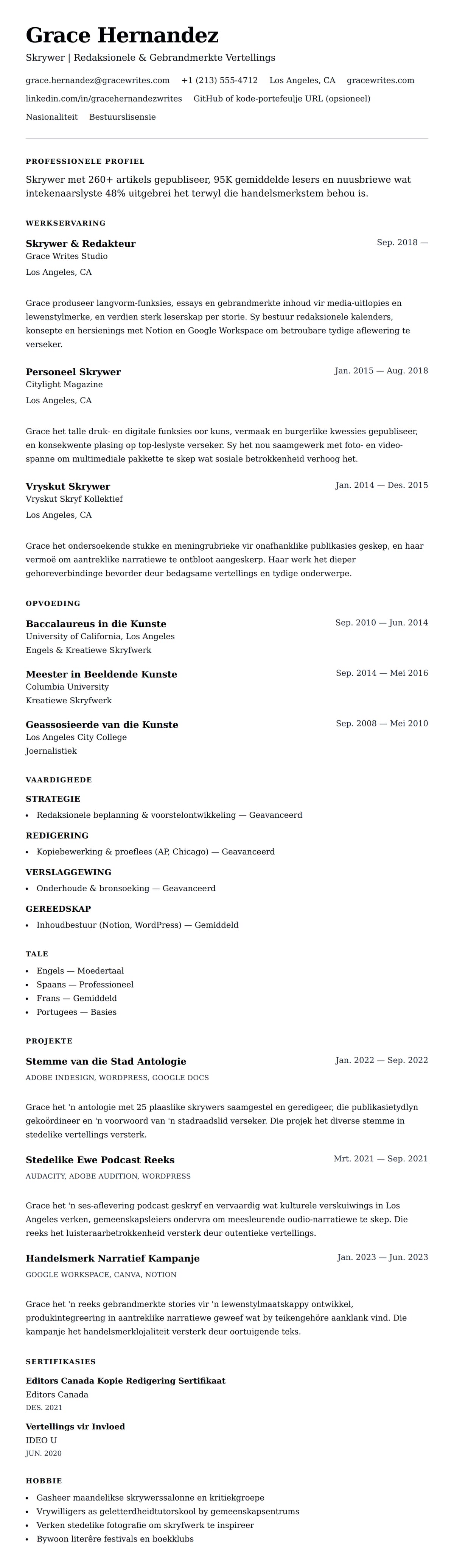 Leweensbeskrywing-vooruitskouk vir Skrywer CV-voorbeeld