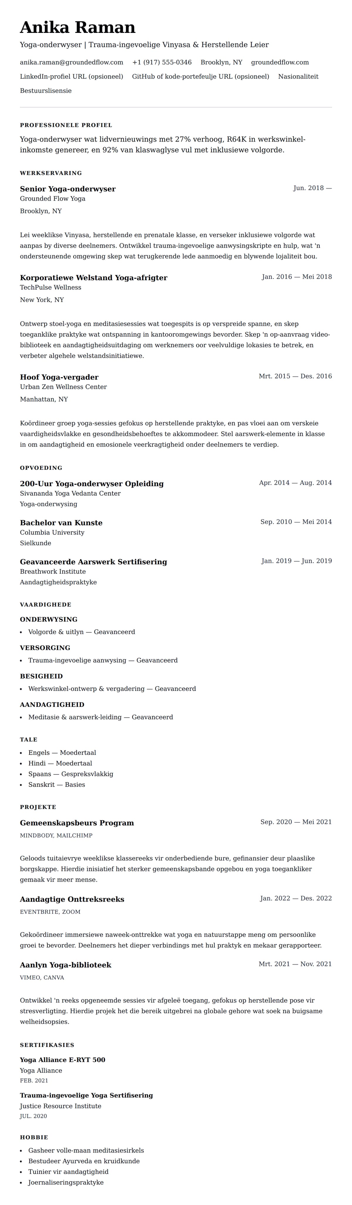Leweensbeskrywing-vooruitskouk vir Yoga-onderwyser Lewensloop Voorbeeld