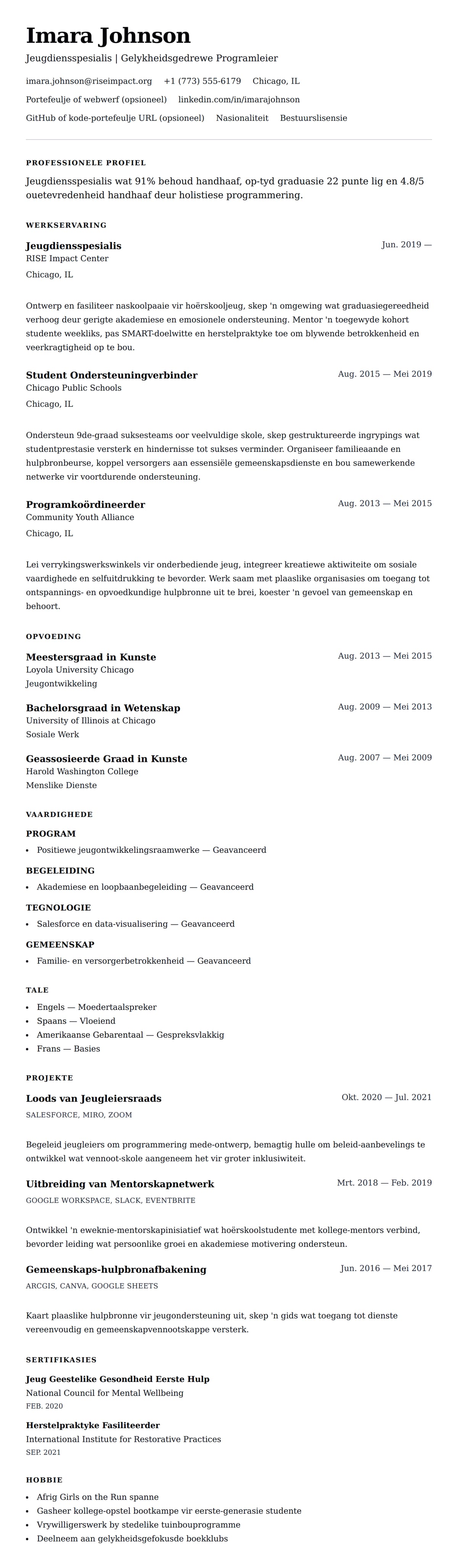 Leweensbeskrywing-vooruitskouk vir Jeugdiensspesialis Lewensloop Voorbeeld