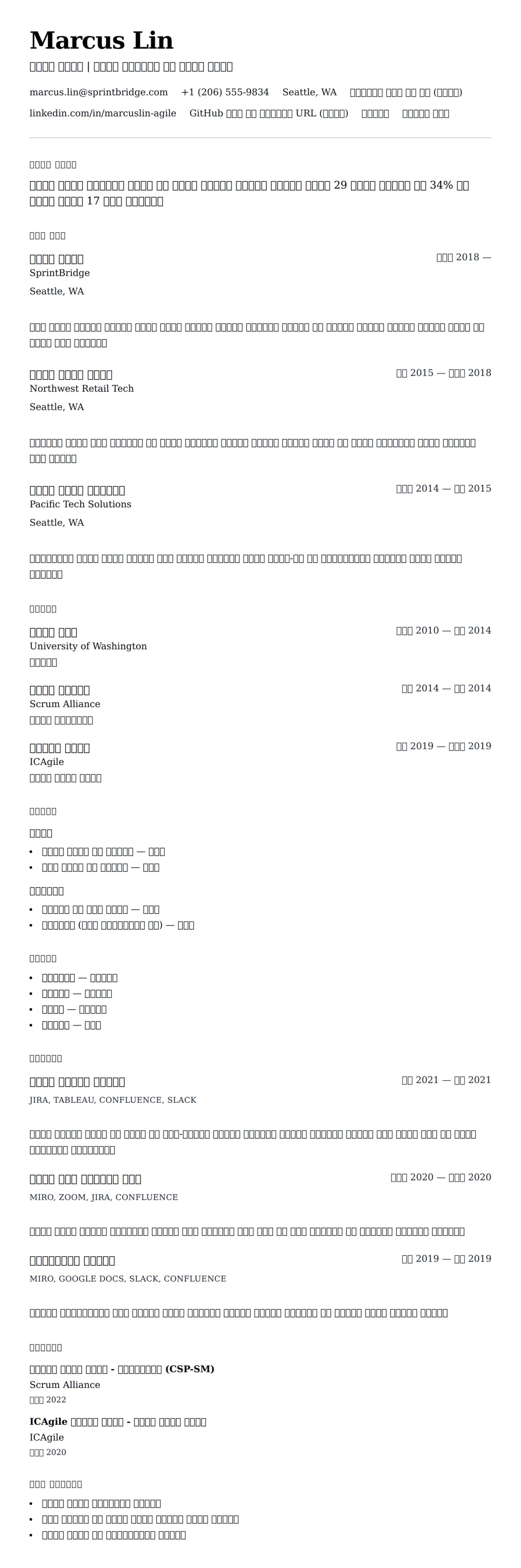 ለ ስክረም ማስተር ሪዚዩሜ ምሳሌ የስሌታ መግለጫ