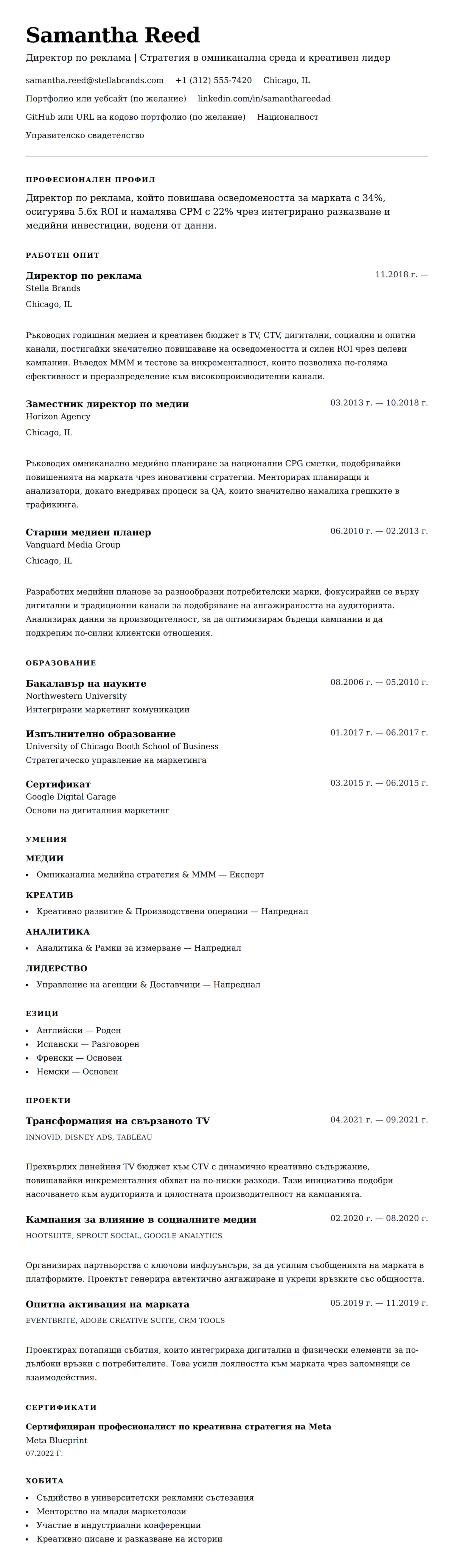 Преглед на резюме за Пример за резюме на Директор по реклама