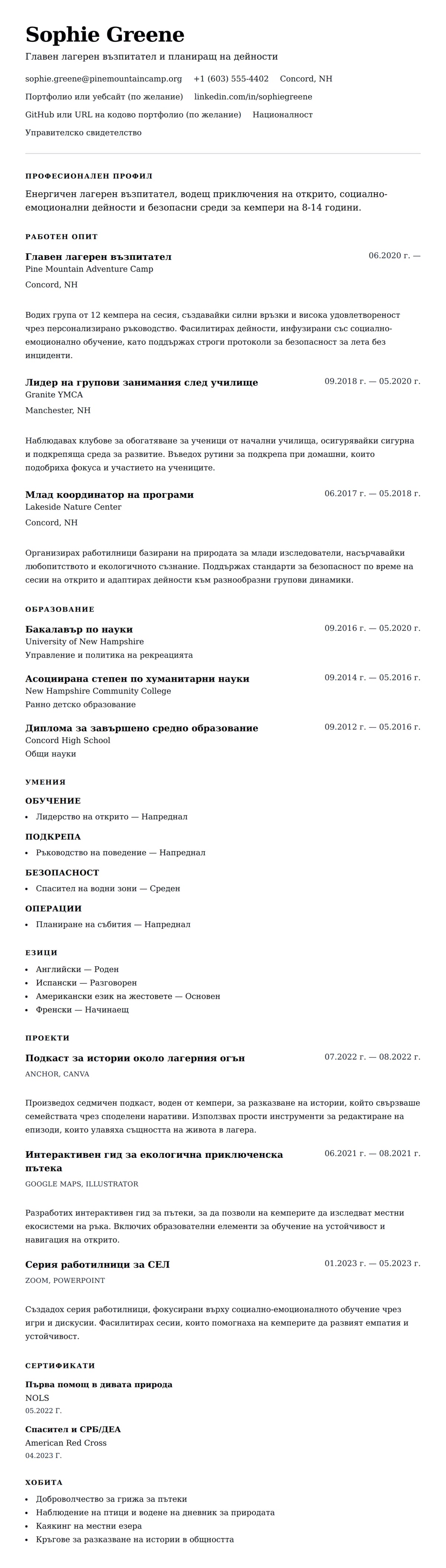 Преглед на резюме за Пример за резюме на лагерен възпитател