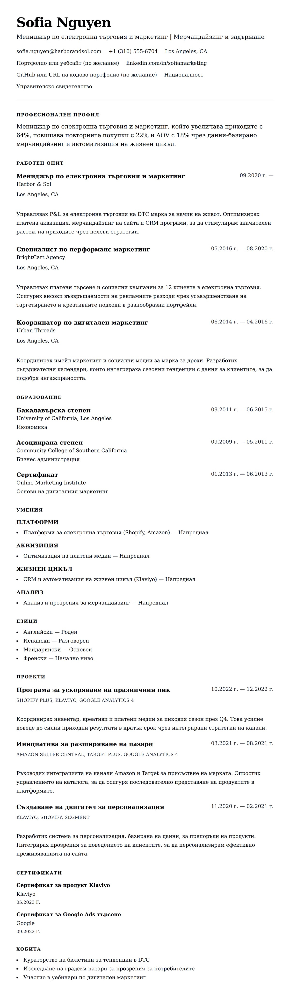 Преглед на резюме за Пример за резюме на мениджър по електронна търговия и маркетинг