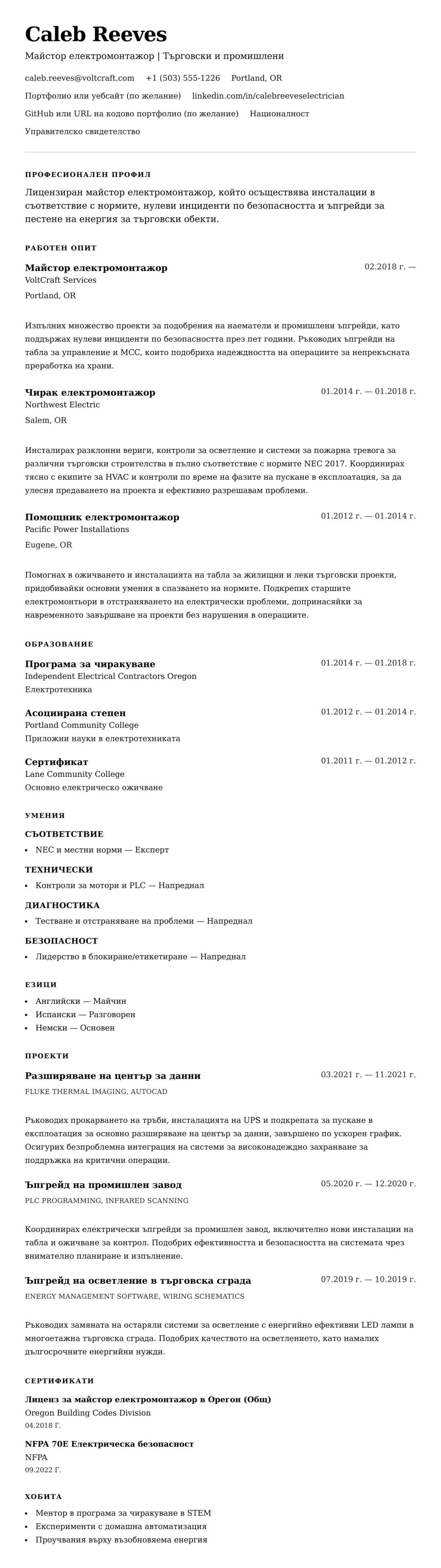 Преглед на резюме за Пример за резюме на електромонтажор