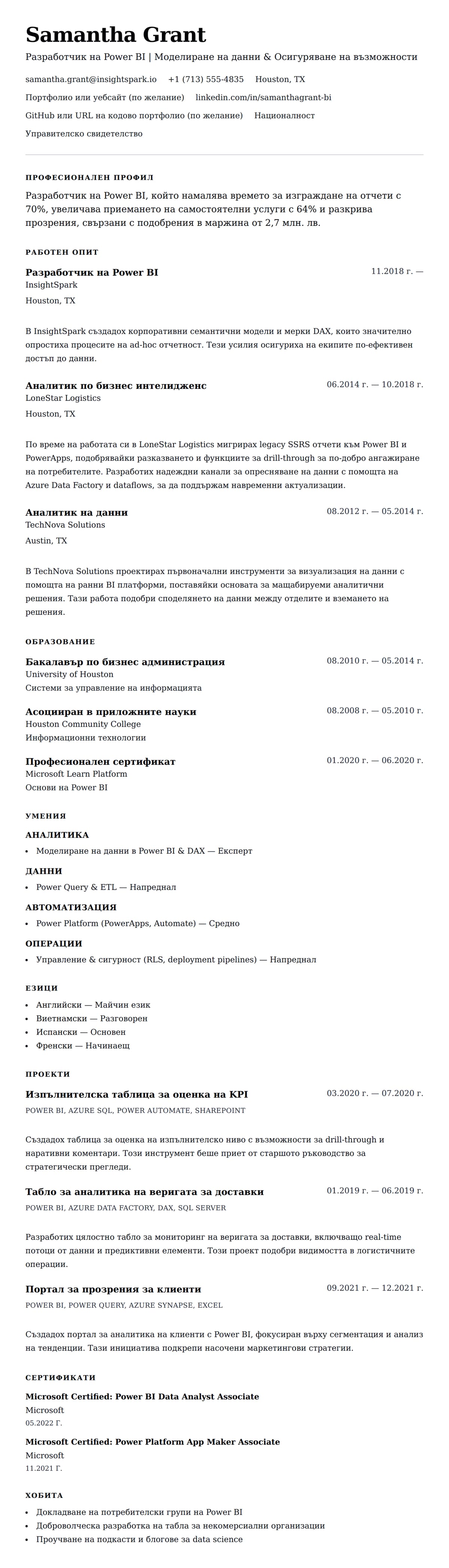 Преглед на резюме за Пример за резюме на разработчик на Power BI