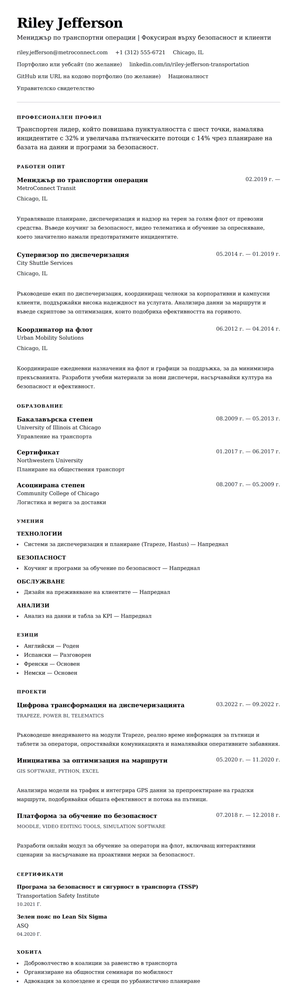 Преглед на резюме за Пример за резюме на професионалист в транспорта