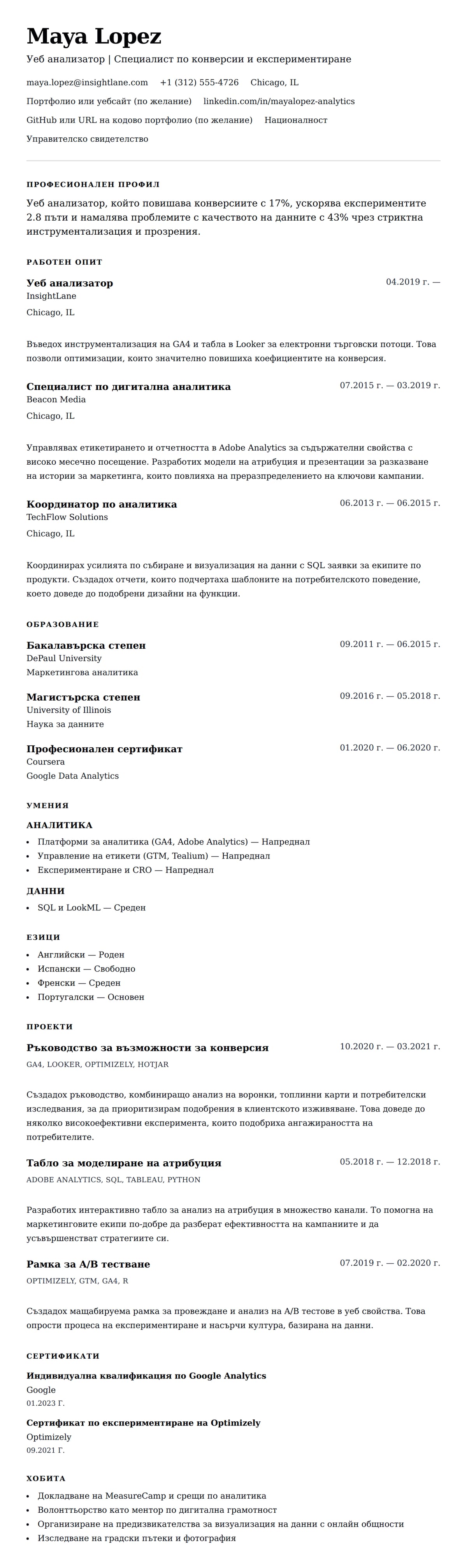 Преглед на резюме за Пример за резюме на уеб анализатор