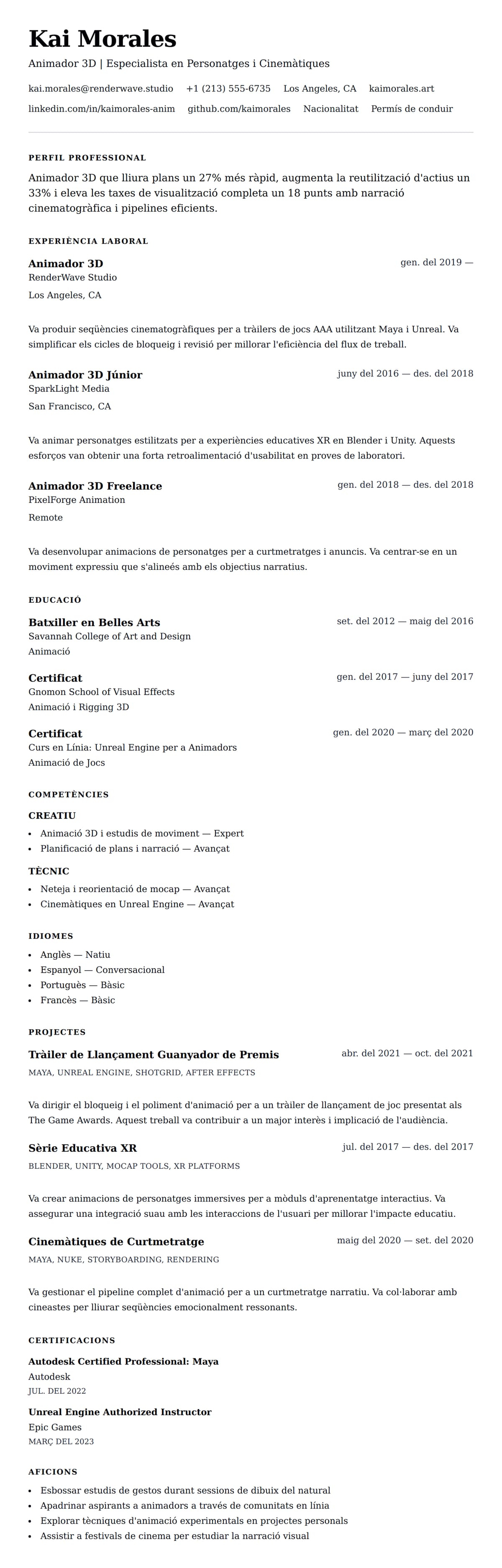 Previsualització del currículum per a Exemple de Currículum d'Animador 3D