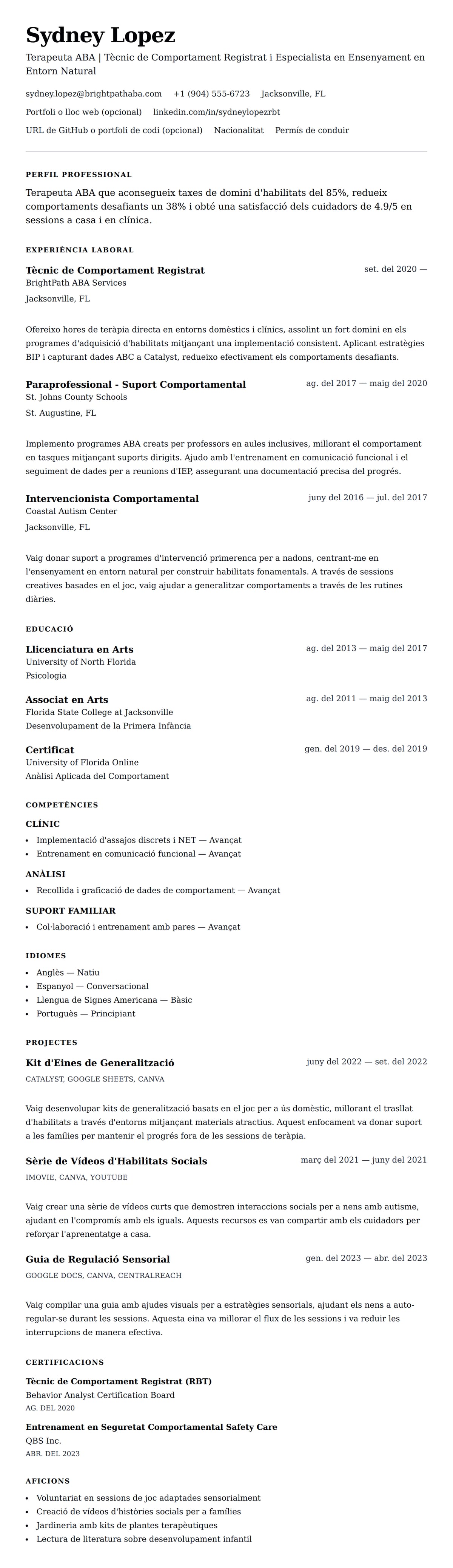 Previsualització del currículum per a Exemple de Currículum de Terapeuta ABA