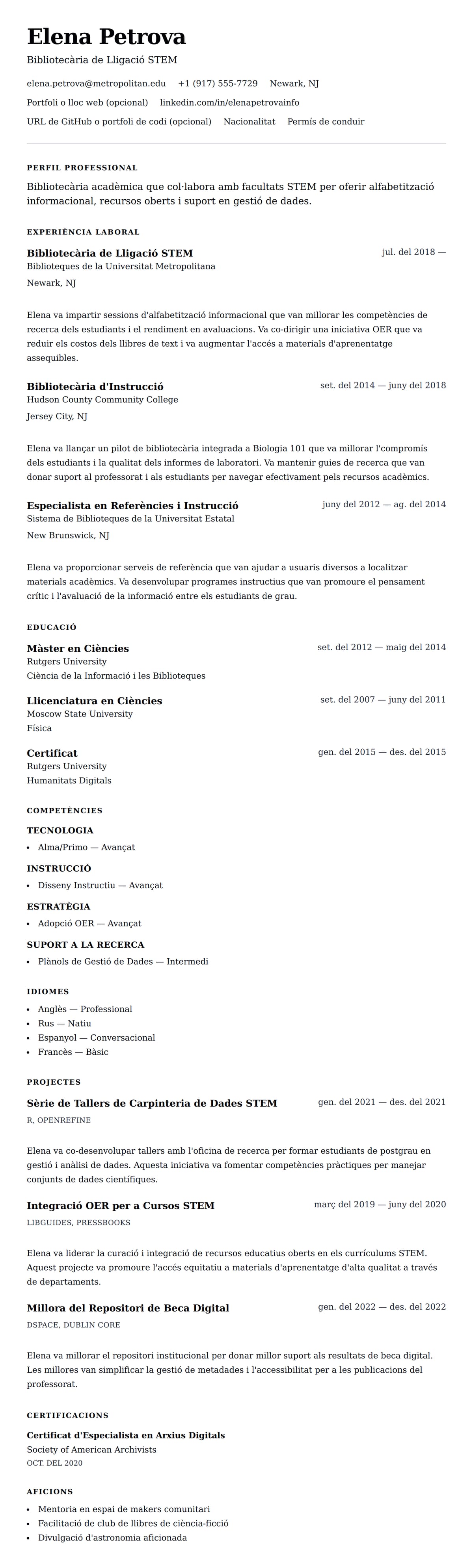 Previsualització del currículum per a Exemple de Currículum de Bibliotecari Acadèmic