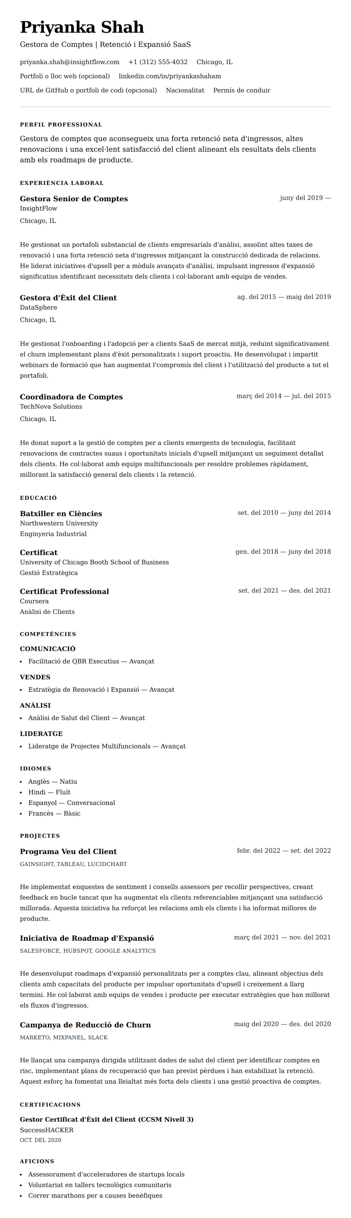 Previsualització del currículum per a Exemple de Currículum de Gestor de Comptes