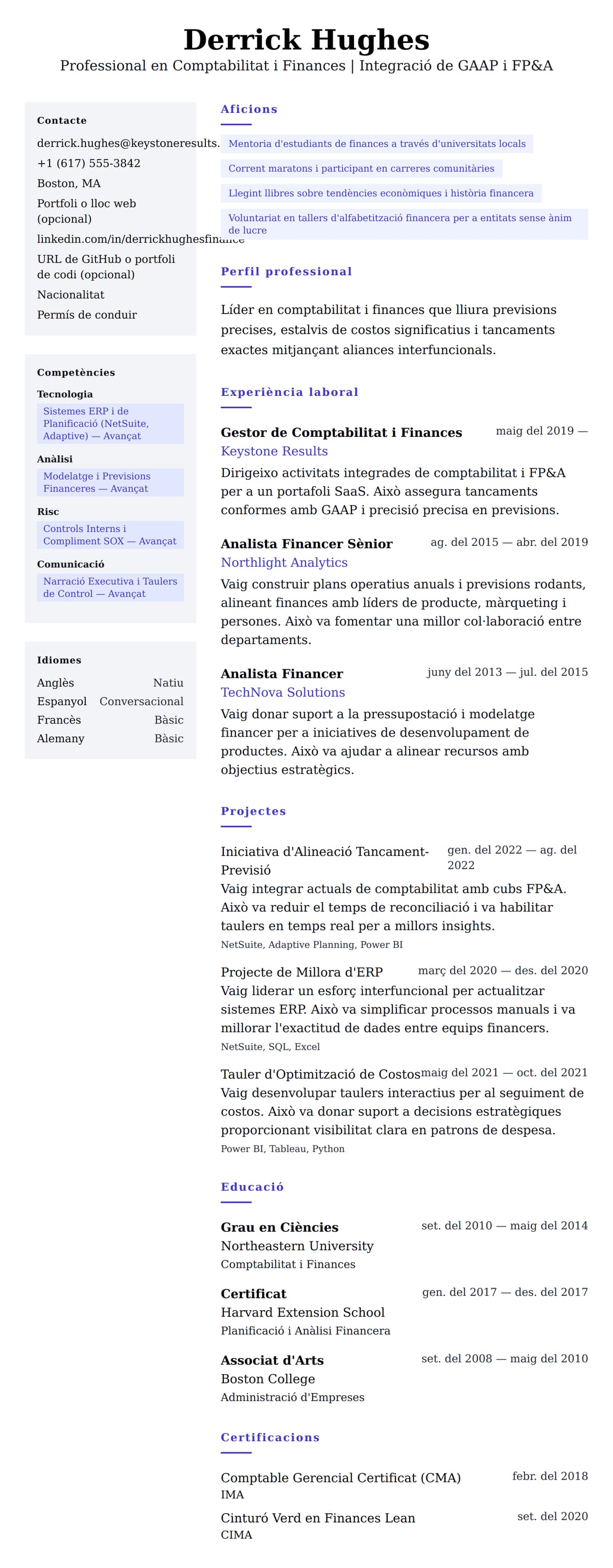 Previsualització del currículum per a Exemple de Currículum de Professional en Comptabilitat i Finances