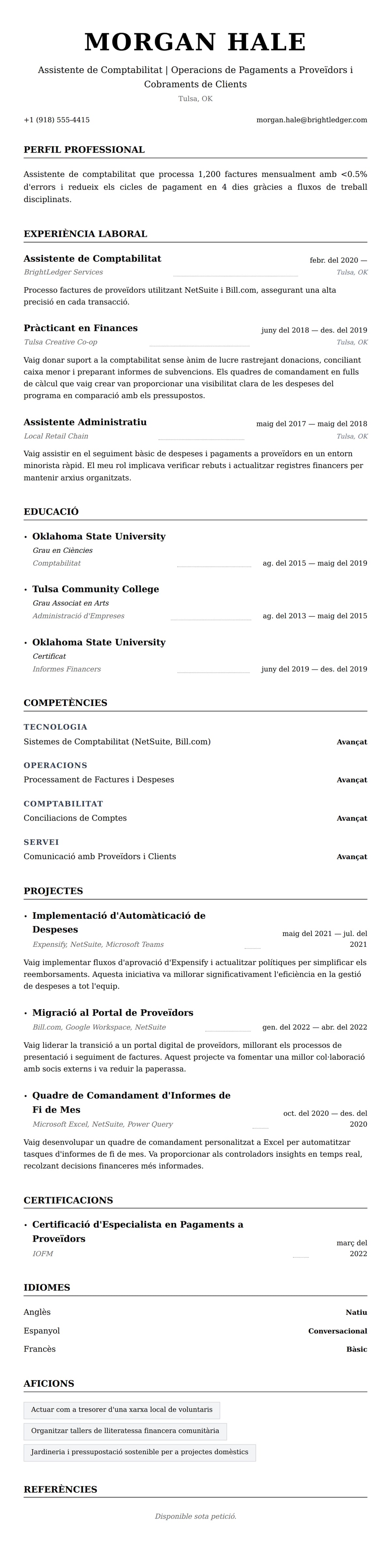 Previsualització del currículum per a Exemple de Currículum d'Assistente de Comptabilitat