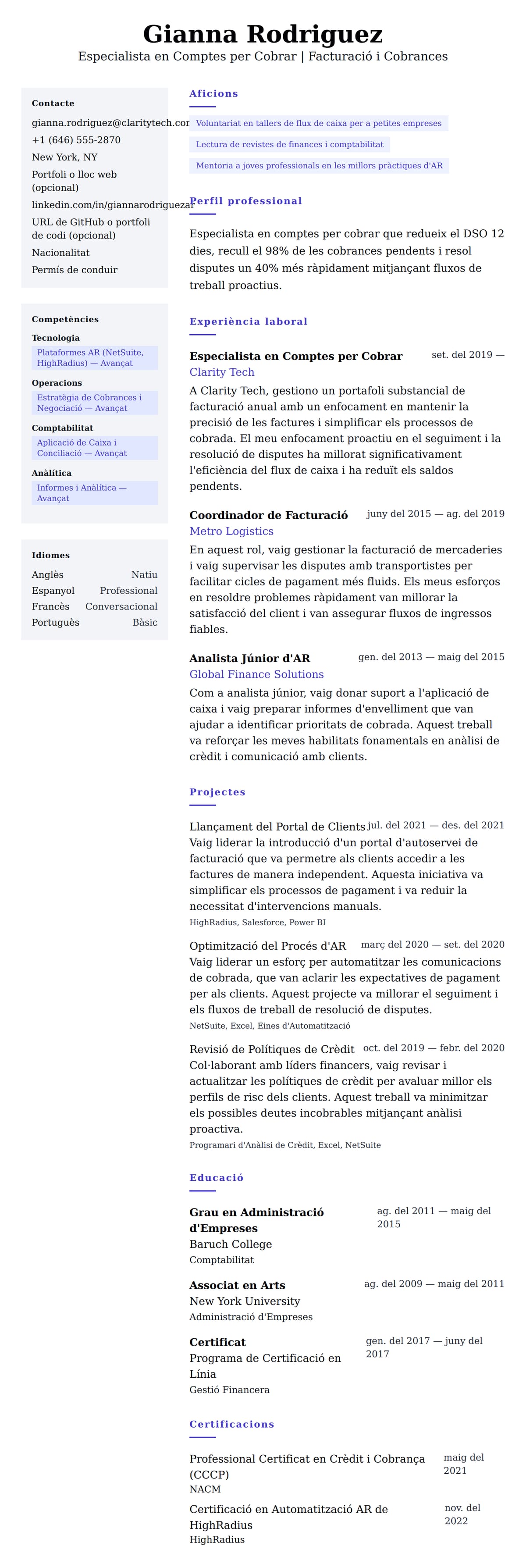 Previsualització del currículum per a Exemple de Currículum d'Especialista en Comptes per Cobrar