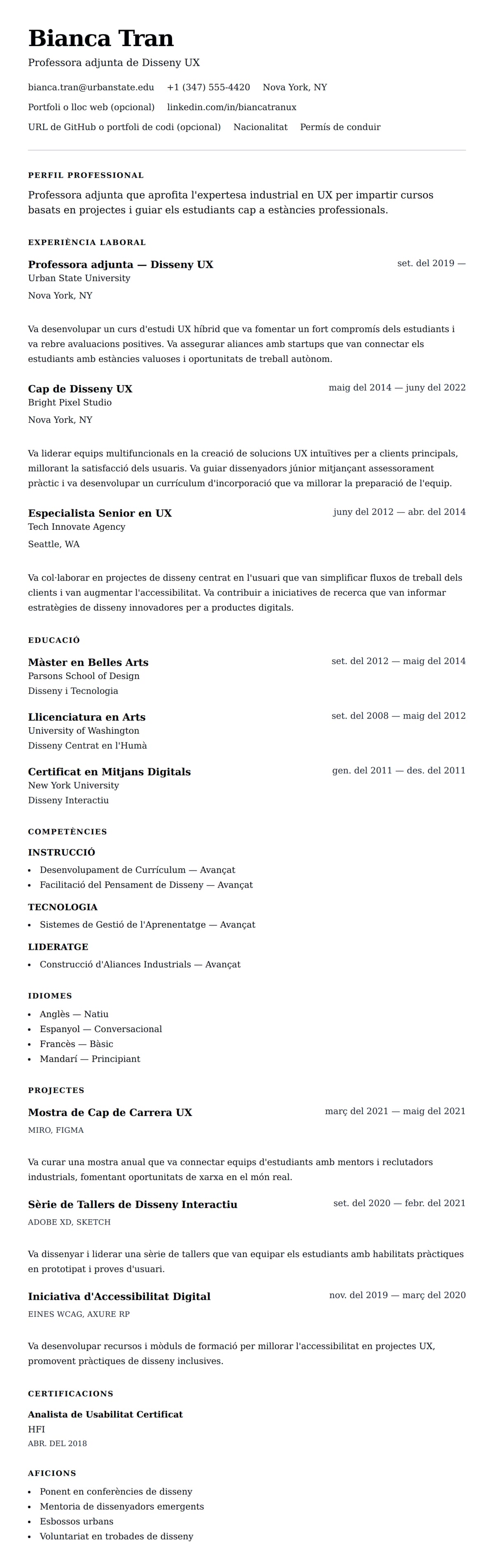 Previsualització del currículum per a Exemple de currículum de professor adjunt