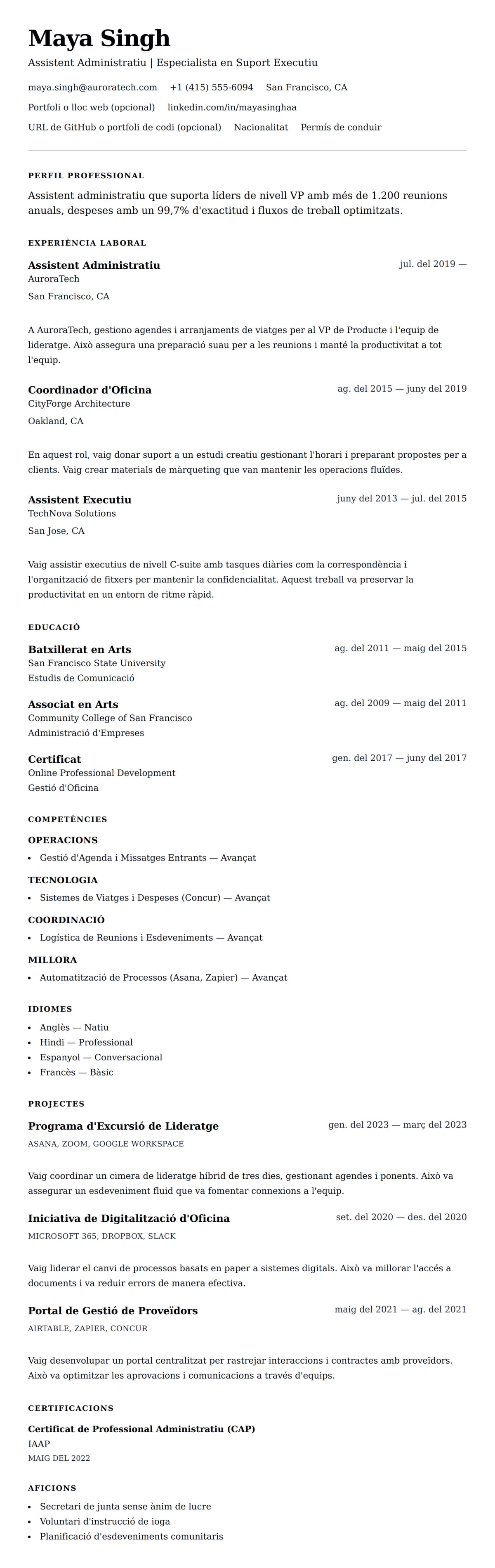 Previsualització del currículum per a Exemple de Currículum d'Assistent Administratiu