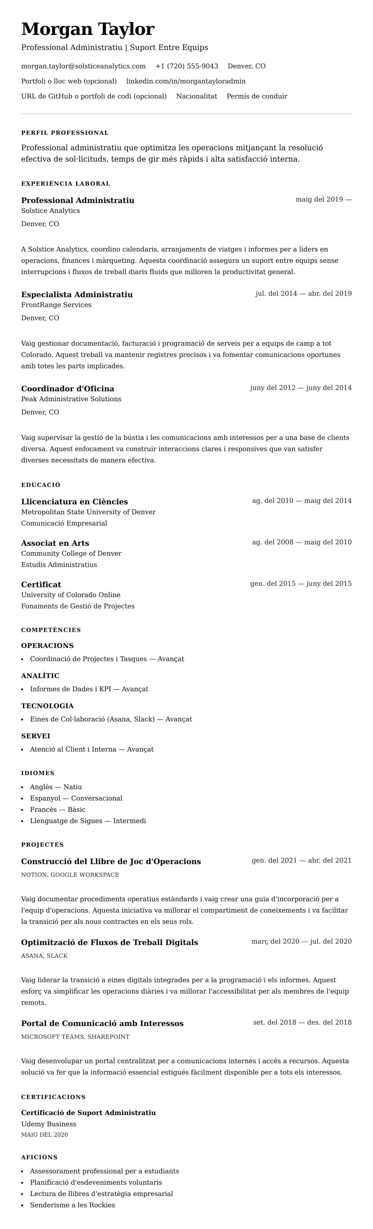 Previsualització del currículum per a Exemple de Currículum de Professional Administratiu