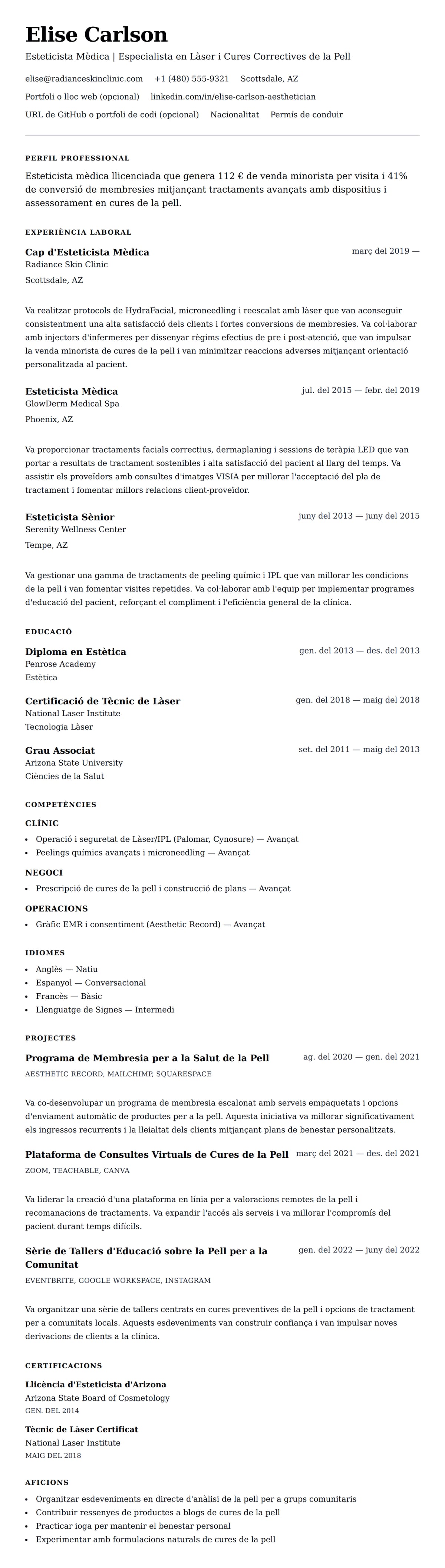 Previsualització del currículum per a Exemple de Currículum d'Esteticista Mèdica