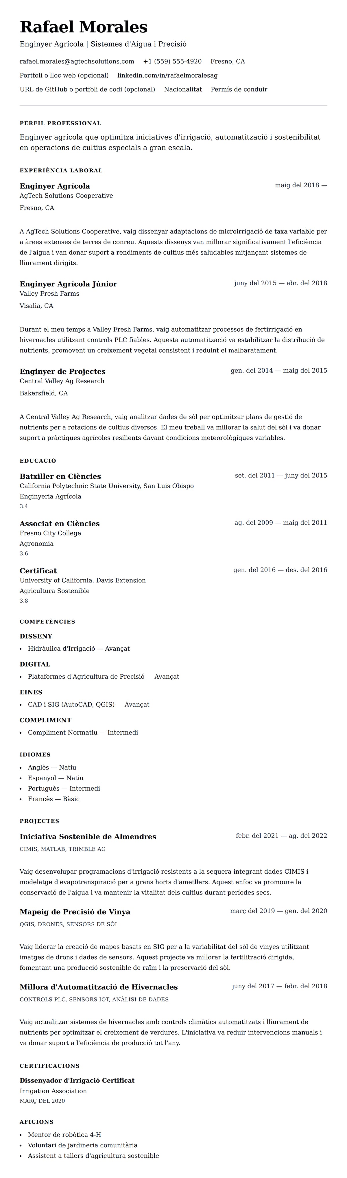 Previsualització del currículum per a Exemple de Currículum d'Enginyer Agrícola