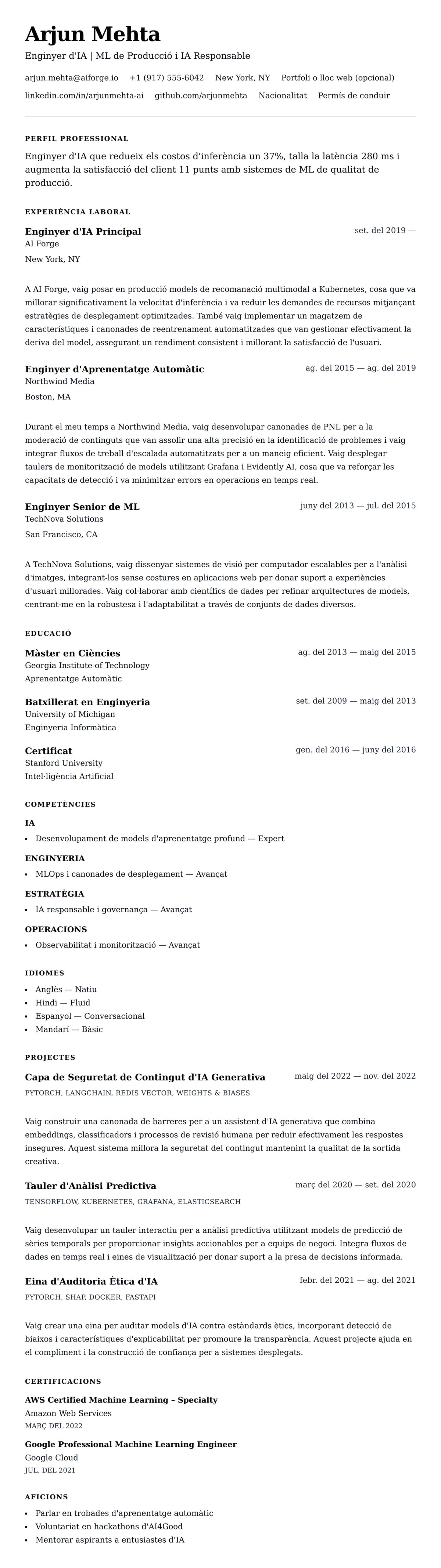 Previsualització del currículum per a Exemple de Currículum d'Enginyer d'IA