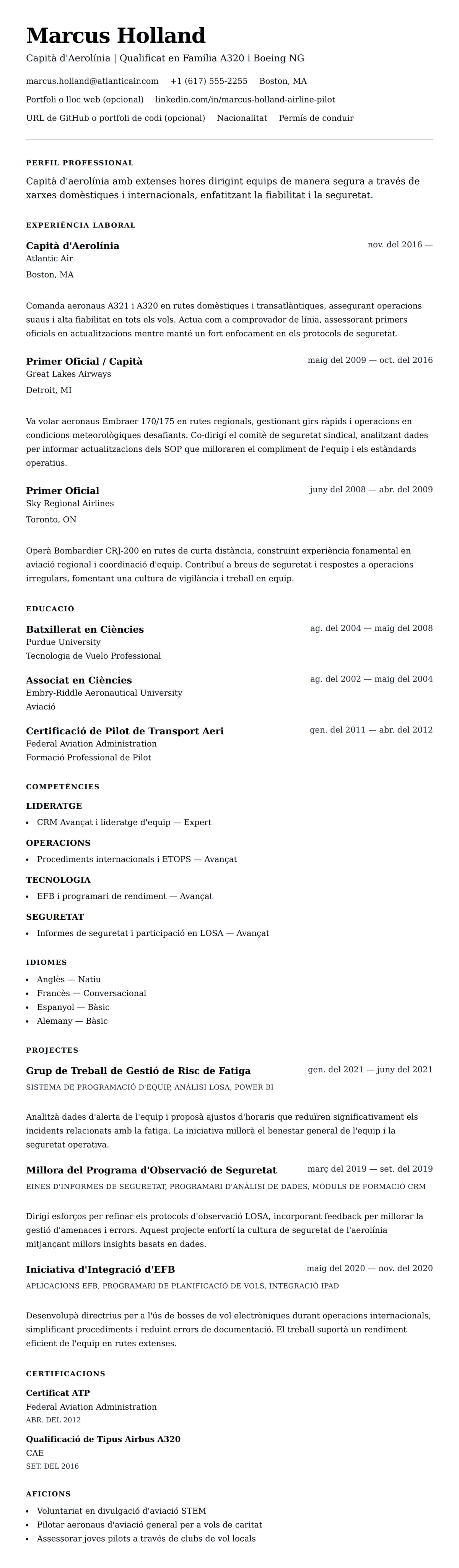 Previsualització del currículum per a Exemple de Currículum de Pilot d'Aerolínia